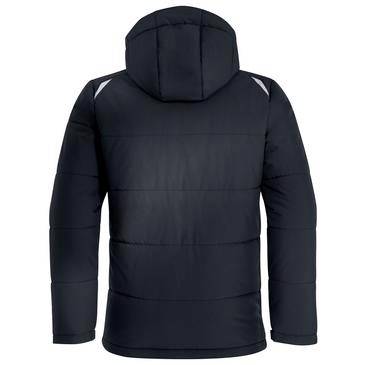 Schwarze Steppjacke mit Kapuze, von hinten auf weißem Hintergrund gezeigt.