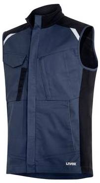 Blaue ärmellose Arbeitsweste mit hohem Kragen, Vordertaschen und 'uvex'-Logo auf der Brust.