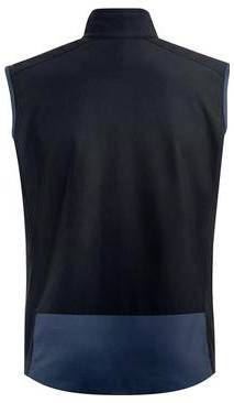 Schwarze ärmellose Weste mit Reißverschluss, hohem Kragen und blauem unteren Bereich, von hinten gezeigt.