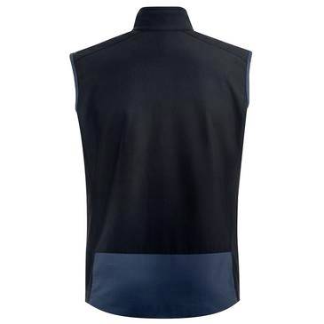 Schwarzes ärmelloses Poloshirt von hinten gezeigt, mit einem dunkelblau kontrastierenden Saum am unteren Rand.