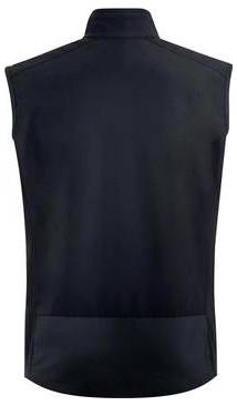 Rückansicht einer schwarzen ärmellosen Sportjacke oder eines Radtrikots mit hohem Kragen.