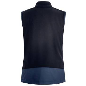 Schwarzes ärmelloses Athletik-Shirt mit Reißverschluss am Hals und dunkelblauen Säumen, von hinten auf weißem Hintergrund gezeigt.