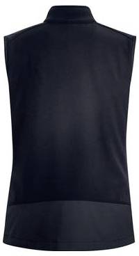 Schwarze ärmellose Weste mit hohem Ausschnitt oder Top, von hinten auf weißem Hintergrund gezeigt.