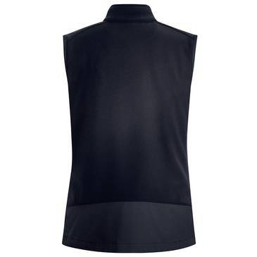 Rückansicht eines schwarzen ärmellosen Funktionsshirts mit hohem Kragen und tailliertem Saum.