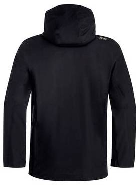 Schwarze Kapuzenjacke von hinten auf weißem Hintergrund gezeigt.