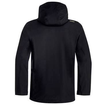 Schwarzer Kapuzenpullover mit langen Ärmeln, Vorderansicht auf weißem Hintergrund.