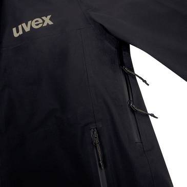 Schwarze uvex Jacke mit Frontreißverschluss und seitlichen Reißverschlusstaschen auf weißem Hintergrund.