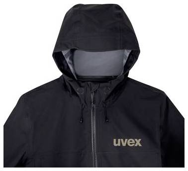 Schwarze Uvex-Jacke mit Kapuze, Frontreißverschluss und Logo auf der Brust, vor weißem Hintergrund dargestellt.