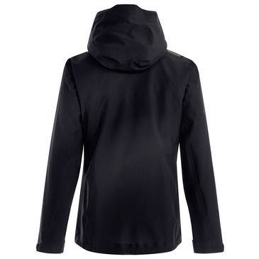 Schwarze Kapuzenjacke von hinten auf einem weißen Hintergrund gezeigt.