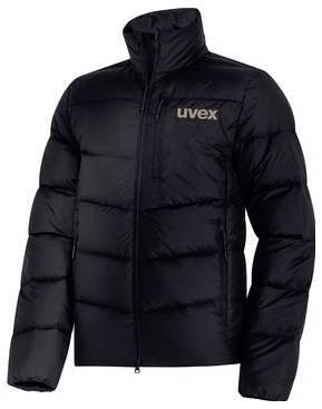 Schwarze wattierte Winterjacke mit Reißverschluss vorne, hohem Kragen und „uvex