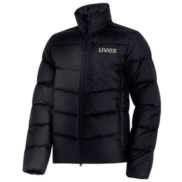 Schwarze Steppjacke mit hohem Kragen und „uvex