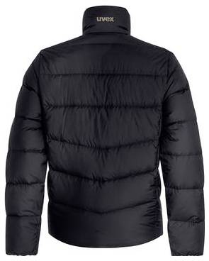Schwarze gepolsterte Jacke von hinten gezeigt, mit hohem Kragen und uvex-Logo am Hals.