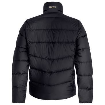Schwarze gesteppte Daunenjacke von hinten gezeigt, mit hohem Kragen und 