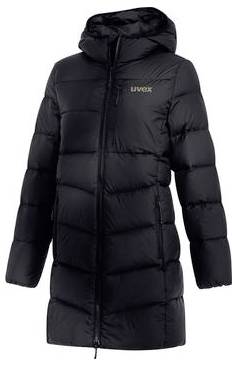 Schwarze Kapuzenpufferjacke mit Frontverschluss und „uvex