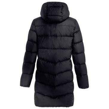 Schwarzer Kapuzenparka mit langen Ärmeln und gestepptem Isolierdesign, Vorderansicht auf weißem Hintergrund gezeigt.