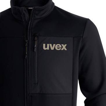 Schwarze Jacke mit Reißverschluss und Stehkragen, Brusttasche und „uvex