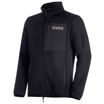 Schwarze Jacke mit durchgehendem Reißverschluss, Stehkragen und „uvex