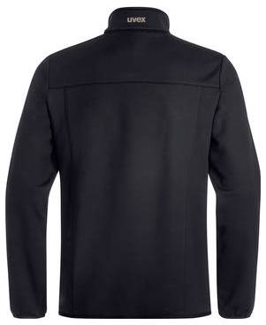 Schwarze Uvex-Jacke von hinten gezeigt, mit langen Ärmeln und hohem Kragen.