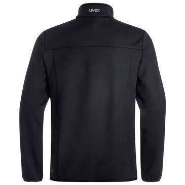 Schwarze Uvex-Jacke mit Reißverschluss von hinten auf weißem Hintergrund abgebildet.