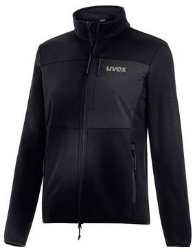 Schwarze Jacke mit durchgehendem Reißverschluss, hohem Kragen und 'uvex' Logo auf der Brust, Vorderansicht auf weißem Hintergrund.
