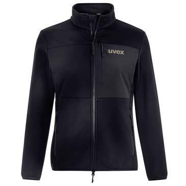 Schwarze Jacke mit durchgehendem Reißverschluss, Stehkragen und „uvex