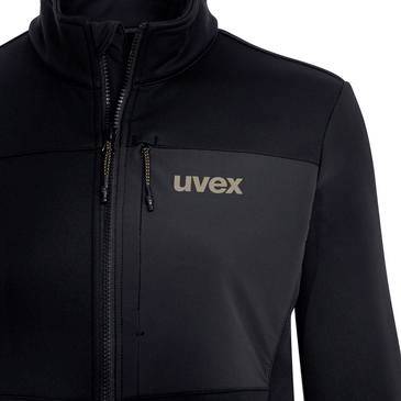 Schwarze uvex Jacke mit Reißverschluss, Brusttasche und Logo, Vorderansicht auf neutralem Hintergrund.