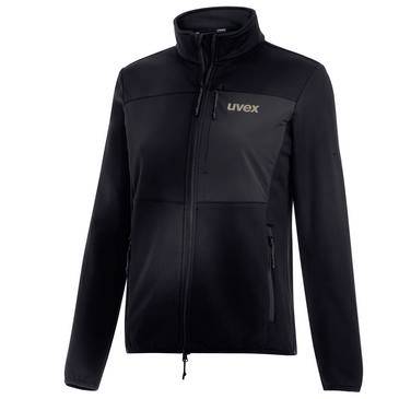 Schwarze Uvex-Jacke mit Reißverschluss, Stehkragen, langen Ärmeln und Vordertaschen auf weißem Hintergrund.
