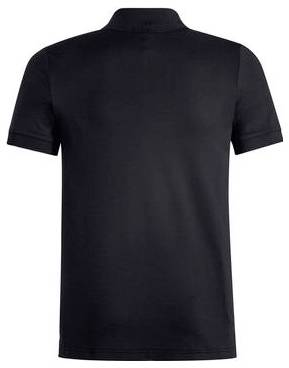 Schwarzes kurzärmeliges Poloshirt von hinten auf einem einfachen weißen Hintergrund gezeigt.