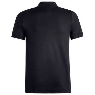 Schwarzes, kurzärmliges Poloshirt in Vorderansicht auf weißem Hintergrund.