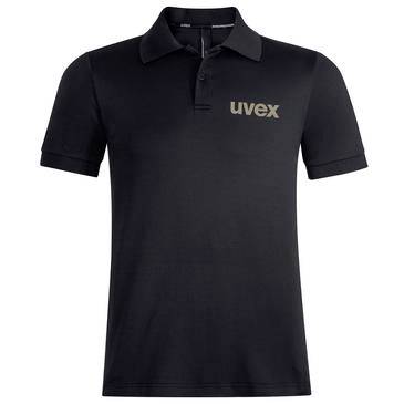 Schwarzes Poloshirt mit kurzen Ärmeln und dem „uvex