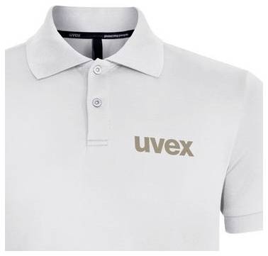 Weißes Poloshirt mit kurzen Ärmeln, Kragen und Knopfleiste mit dem „uvex