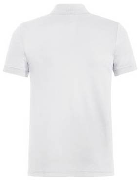Weißes kurzärmeliges Poloshirt in Vorderansicht auf einfachem Hintergrund.