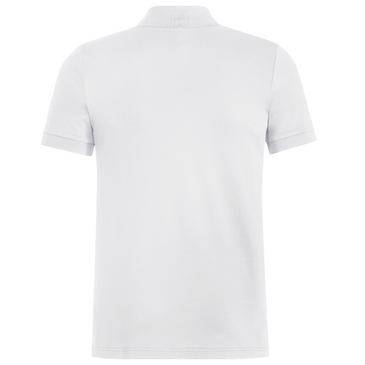 Weißes Poloshirt mit kurzen Ärmeln, von hinten auf einfachem Hintergrund gezeigt.