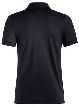Schwarzes Poloshirt mit kurzen Ärmeln, von hinten auf einfachem weißem Hintergrund gezeigt.