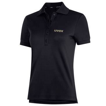 Schwarzes Poloshirt mit kurzen Ärmeln, Kragen und Knopfleiste, mit kleinem „uvex