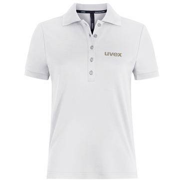 Weißes kurzärmeliges Poloshirt mit Knopfleiste und 'uvex'-Logo auf der Brust, vor hellem Hintergrund dargestellt.