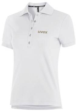 Weißes Poloshirt mit kurzen Ärmeln, Knöpfen und „uvex