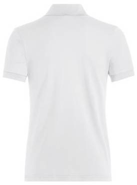 Weißes kurzärmeliges Poloshirt von hinten auf neutralem Hintergrund gezeigt.