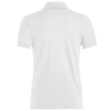 Weißes Kurzarm-Poloshirt in Vorderansicht auf einfachem Hintergrund.