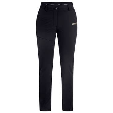 Schwarze Slim-Fit-Hose mit vorderen Taschen und kleinem Logo auf dem Oberschenkel, gezeigt auf weißem Hintergrund.