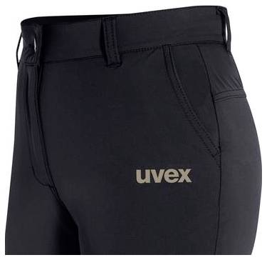 Nahaufnahme schwarzer Uvex-Hose mit Details von Bund und Taschen.