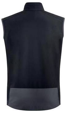 Ärmelloses schwarzes Sportshirt von hinten gezeigt, mit hohem Kragen und grauem unteren Panel.