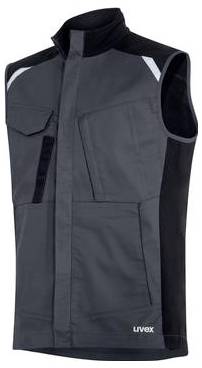 Graue und schwarze ärmellose Arbeitsweste mit hochschließendem Kragen, vorderen Taschen und 