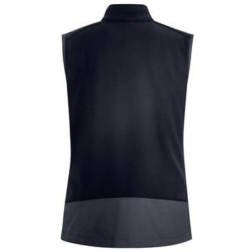 Schwarzes ärmelloses Oberteil mit Rollkragenkragen von hinten gezeigt, mit einem dunkelgrauen unteren Panel und einer taillierten athletischen Passform.