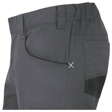 Nahaufnahme von dunkelgrauen Arbeitshosen mit seitlicher Cargotasche, Gürtelschlaufe und verstärktem Nähgarn.