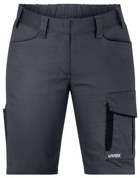 Dunkelgraue Arbeitshorts mit elastischem Bund und mehreren Taschen, einschließlich einer rechten Oberschenkel-Cargo-Tasche mit der Aufschrift „uvex