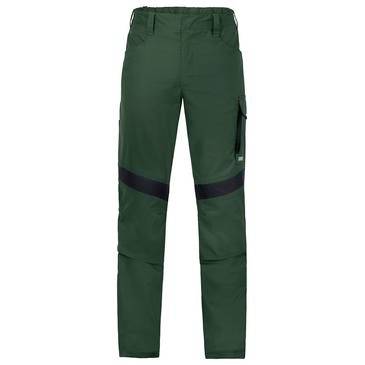 Grüne Arbeitshose mit schwarzen reflektierenden Streifen und einer seitlichen Cargotasche, Vorderansicht auf weißem Hintergrund.