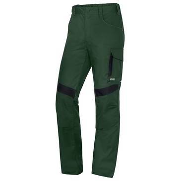 Dunkelgrüne Cargo-Arbeitshose mit schwarzen Knieakzenten und einer Seitentasche, gezeigt auf einem einfachen weißen Hintergrund.