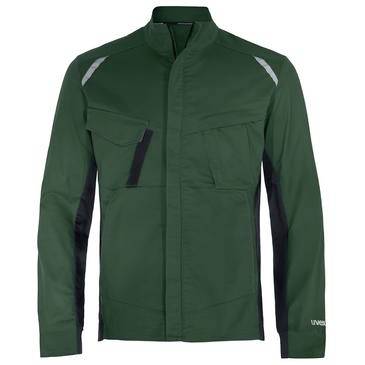 Dunkelgrüne Jacke mit Reißverschluss und langen Ärmeln, schwarze Seitenpaneele und reflektierende Akzente, Vorderansicht auf einfachem Hintergrund.