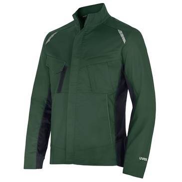 Dunkelgrüne Pullover-Jacke mit langen Ärmeln, hohem Kragen, Brusttasche und schwarzen Seitenpaneelen, vor weißem Hintergrund abgebildet.